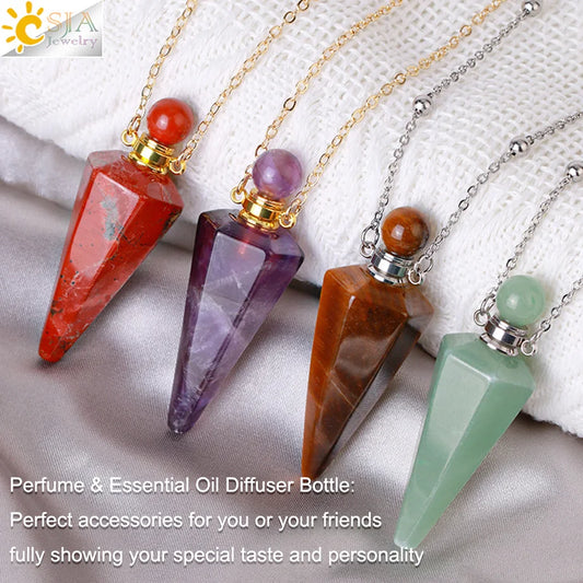 Natural Stone Perfume Bottle Necklace – Clear Quartz Crystal Pendant & Essential Oil Diffuser