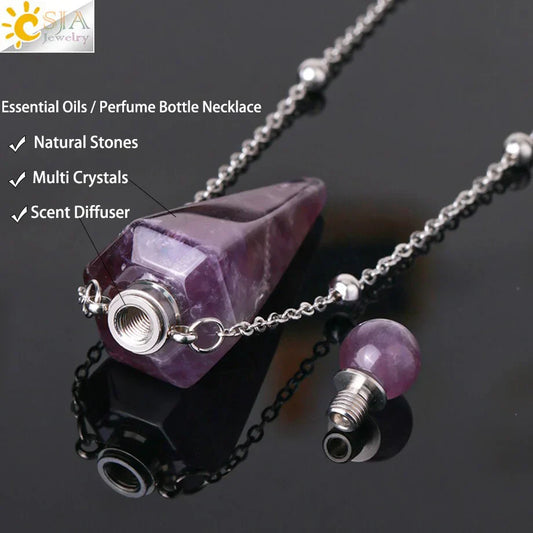Natural Stone Cone Perfume Bottle Necklace – Clear Quartz Crystal Pendant & Essential Oil Diffuser