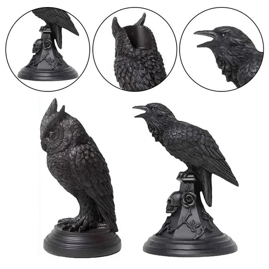 Gothic Crow & Owl Candle Holder – Retro Black Resin Candlestick Sculpture for Halloween & Home Decor