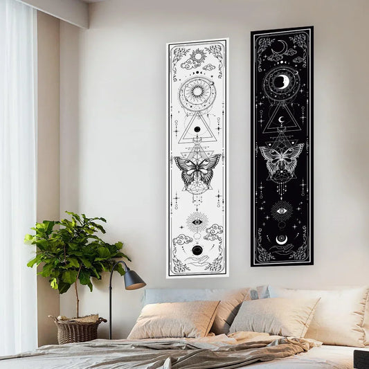 Gothic Witchy Sun & Moon Tapestry – Black & White Butterfly Wall Hanging for Aesthetic Home Decor